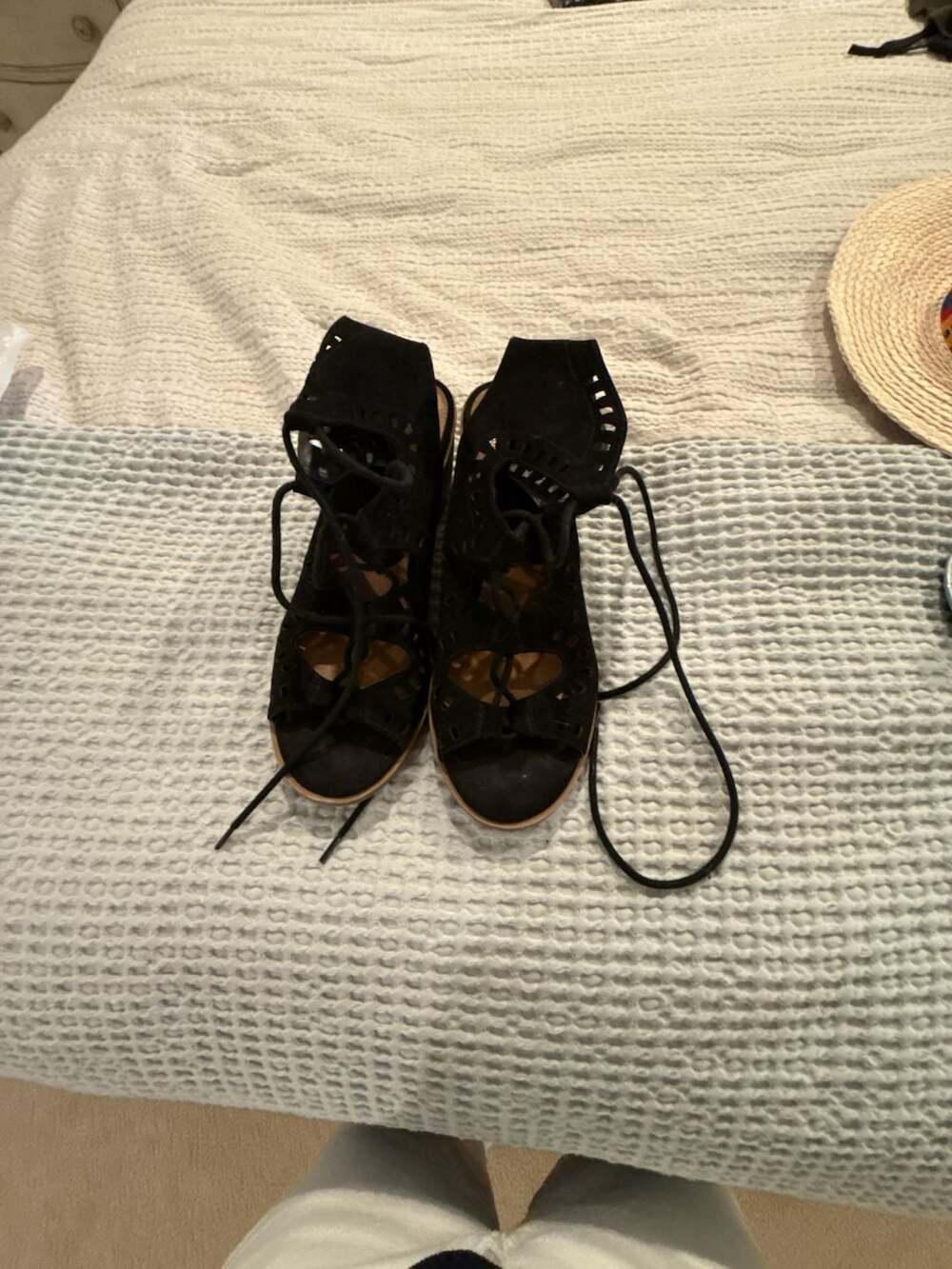 SO Black Suede Lace-Up Cutout Block Heel Sandals